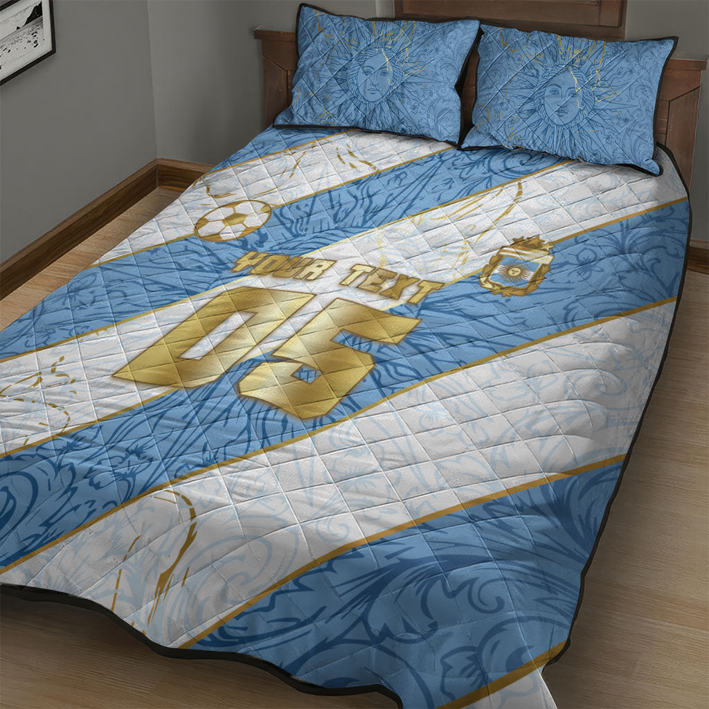 Custom Argentina Football Quilt Bed Set Sun Of May Baroque Filigree Gold Striped Patterns