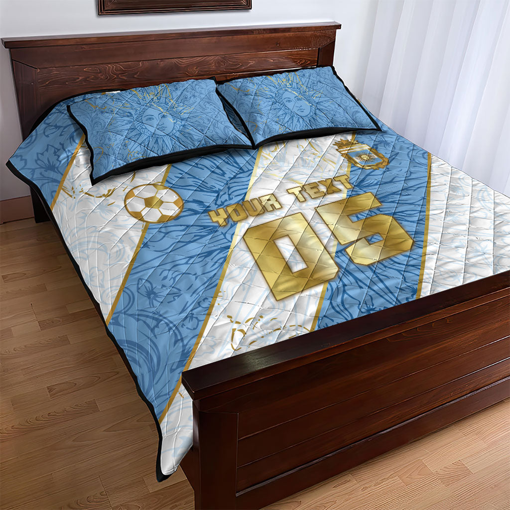 Custom Argentina Football Quilt Bed Set Sun Of May Baroque Filigree Gold Striped Patterns