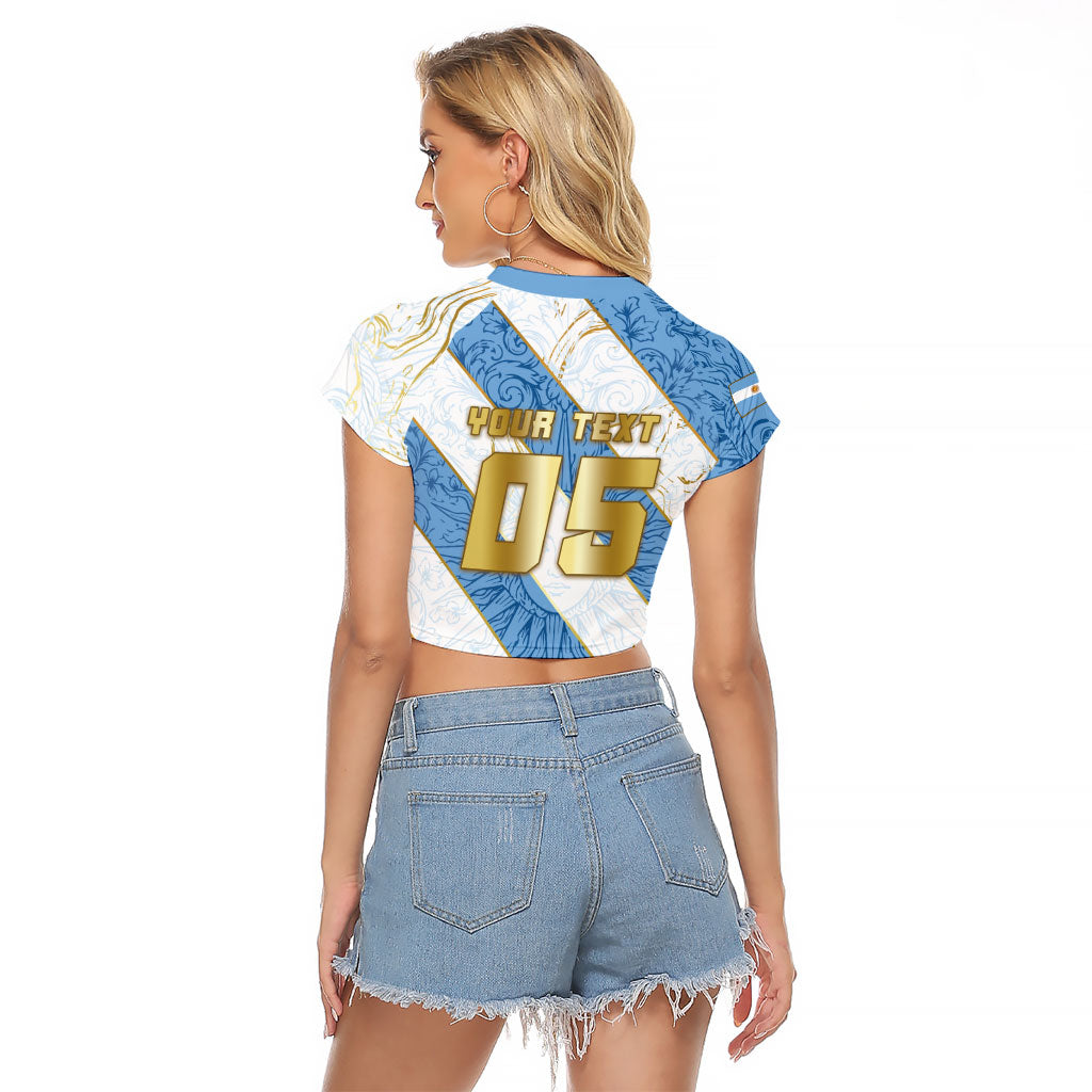 Custom Argentina Football Raglan Cropped T Shirt Sun Of May Baroque Filigree Gold Striped Patterns