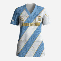 Custom Argentina Football Scrub Top Sun Of May Baroque Filigree Gold Striped Patterns