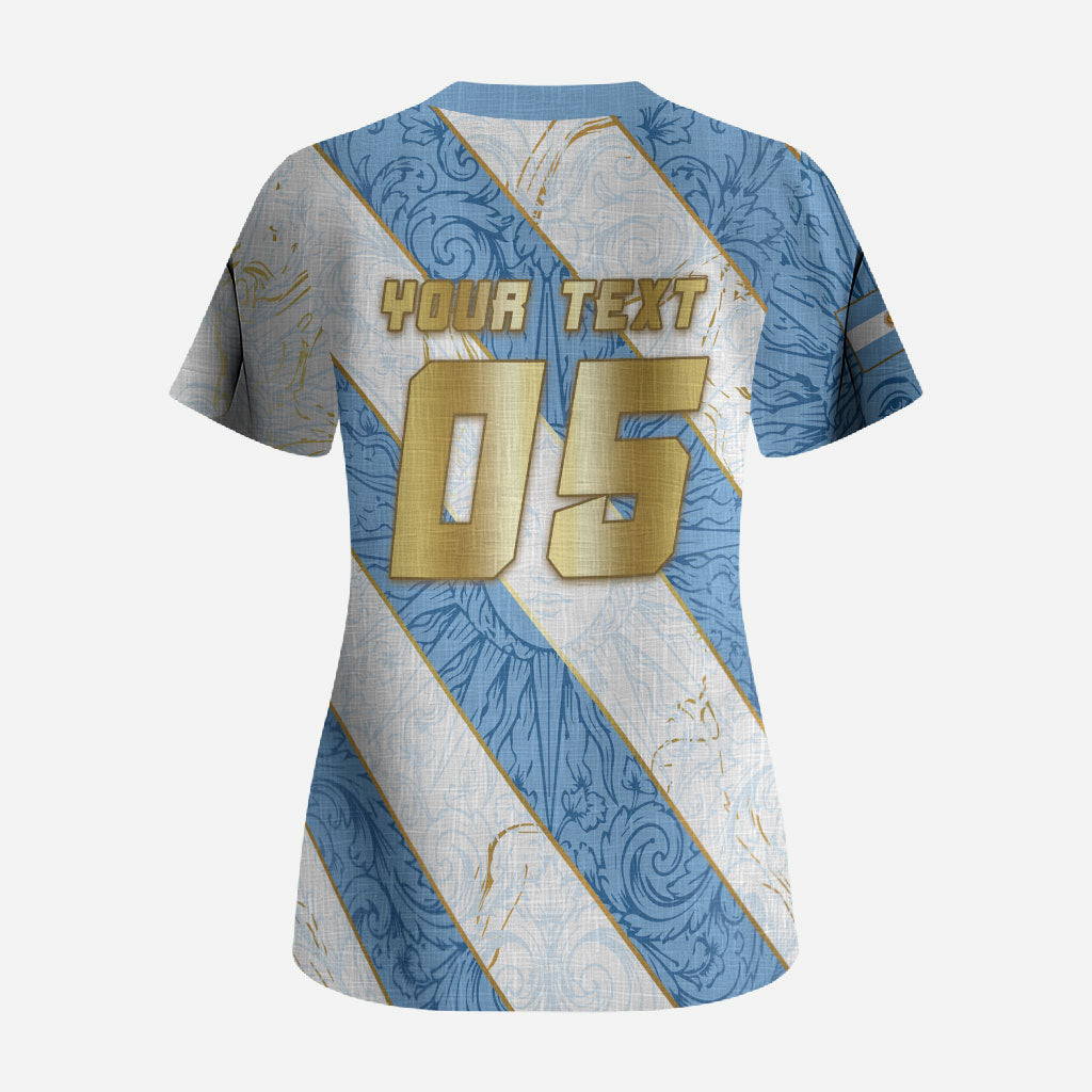 Custom Argentina Football Scrub Top Sun Of May Baroque Filigree Gold Striped Patterns