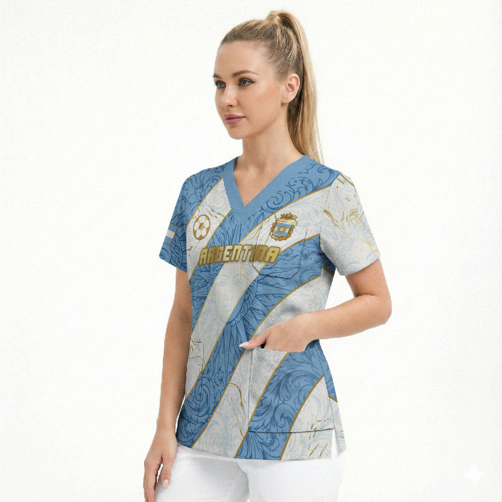 Custom Argentina Football Scrub Top Sun Of May Baroque Filigree Gold Striped Patterns