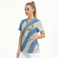 Custom Argentina Football Scrub Top Sun Of May Baroque Filigree Gold Striped Patterns