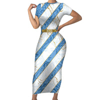 Custom Argentina Football Short Sleeve Bodycon Dress Sun Of May Baroque Filigree Gold Striped Patterns