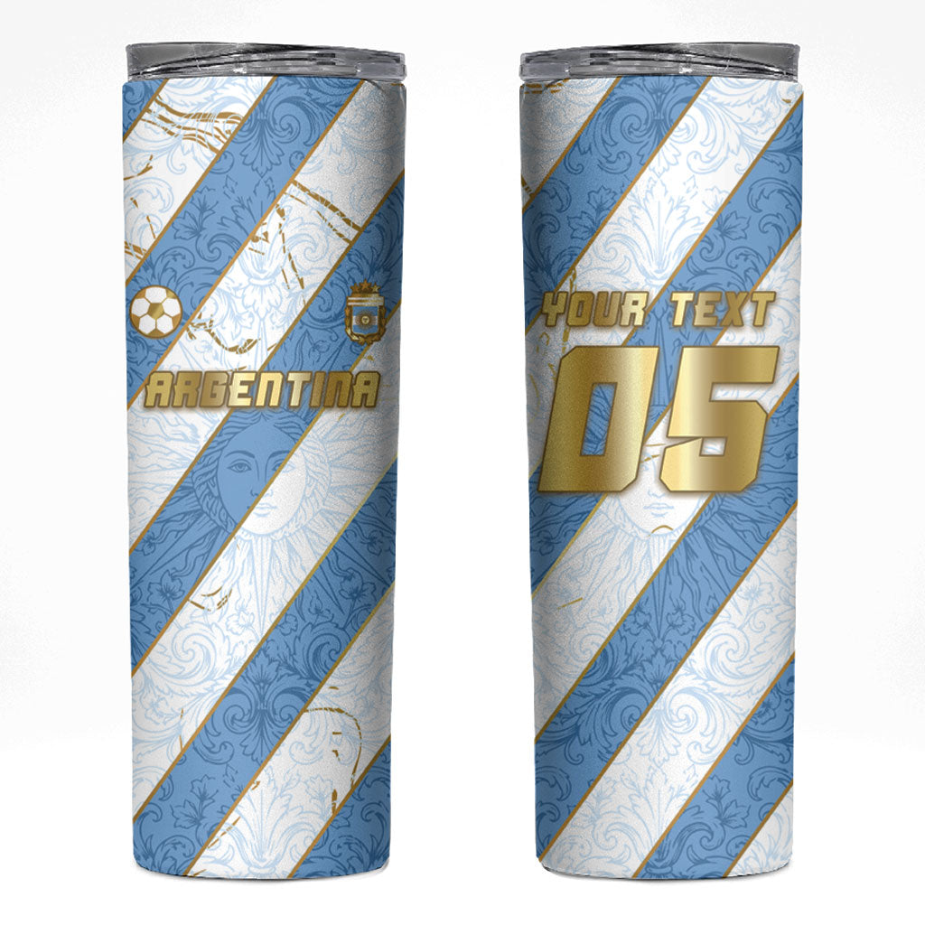Custom Argentina Football Skinny Tumbler Sun Of May Baroque Filigree Gold Striped Patterns