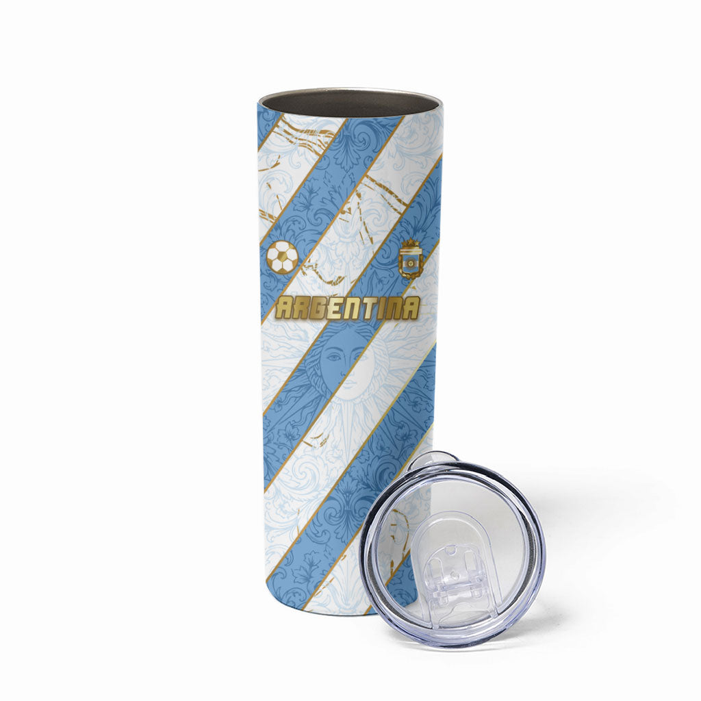 Custom Argentina Football Skinny Tumbler Sun Of May Baroque Filigree Gold Striped Patterns