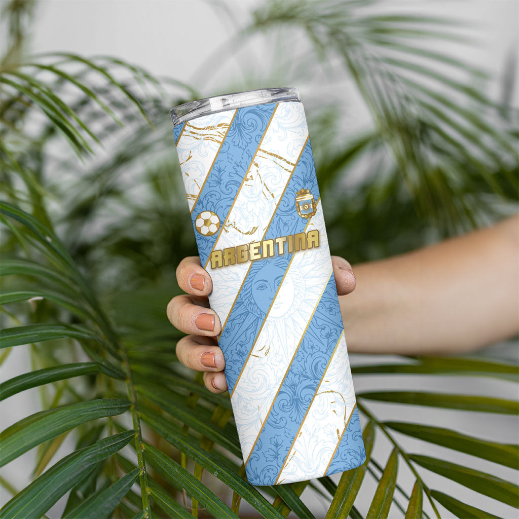 Custom Argentina Football Skinny Tumbler Sun Of May Baroque Filigree Gold Striped Patterns