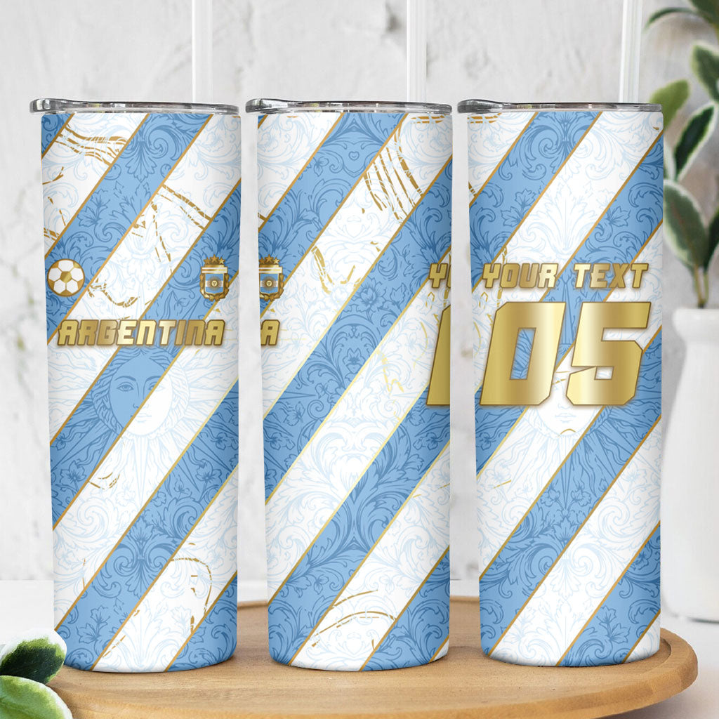 Custom Argentina Football Skinny Tumbler Sun Of May Baroque Filigree Gold Striped Patterns
