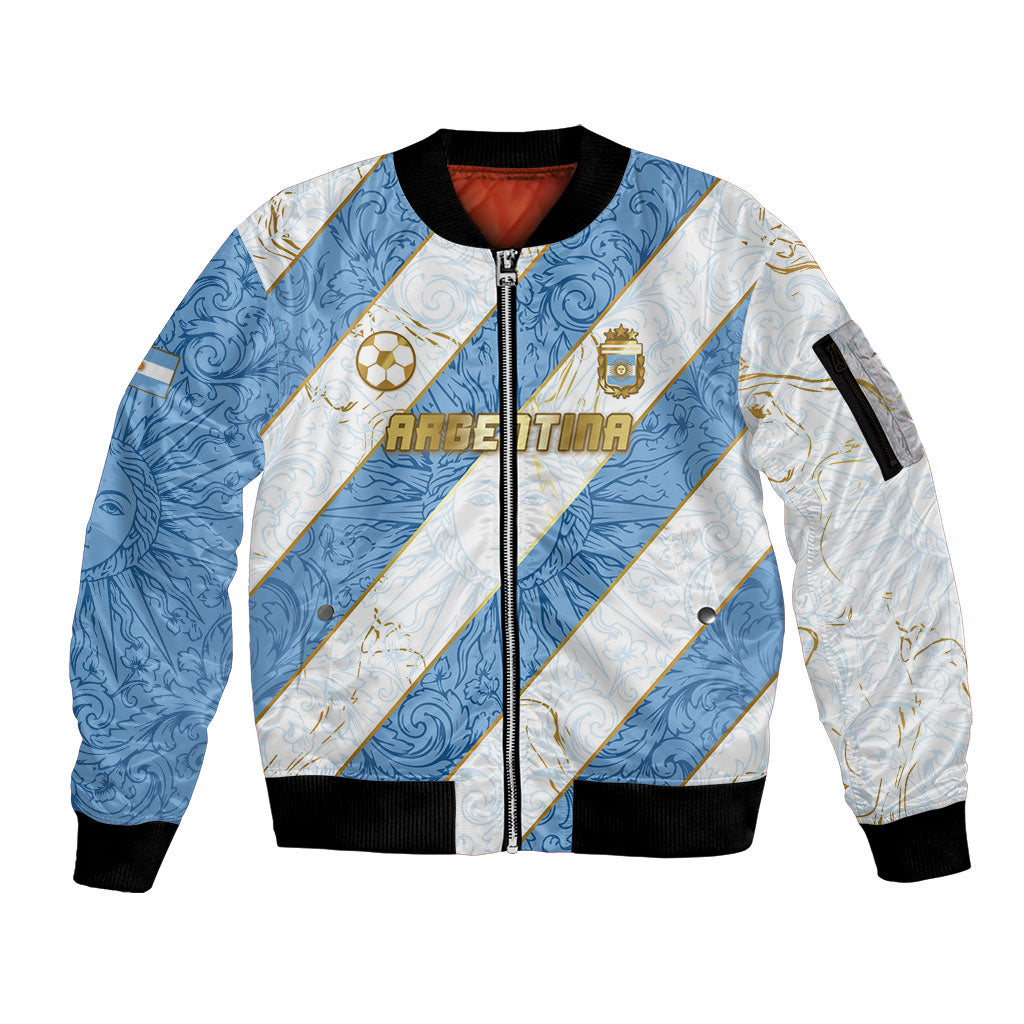 Custom Argentina Football Sleeve Zip Bomber Jacket Sun Of May Baroque Filigree Gold Striped Patterns