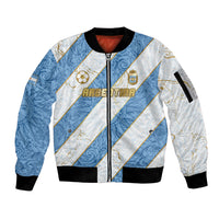 Custom Argentina Football Sleeve Zip Bomber Jacket Sun Of May Baroque Filigree Gold Striped Patterns