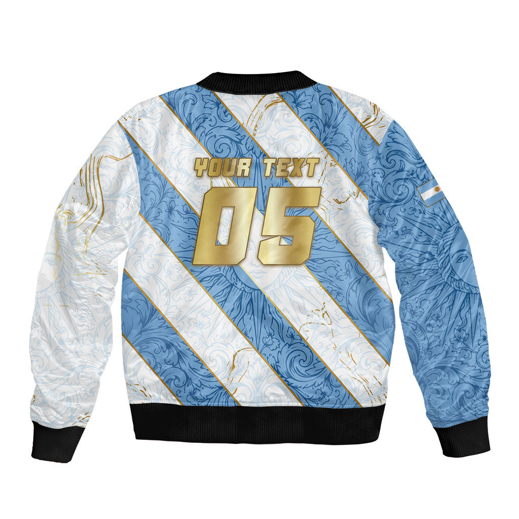 Custom Argentina Football Sleeve Zip Bomber Jacket Sun Of May Baroque Filigree Gold Striped Patterns