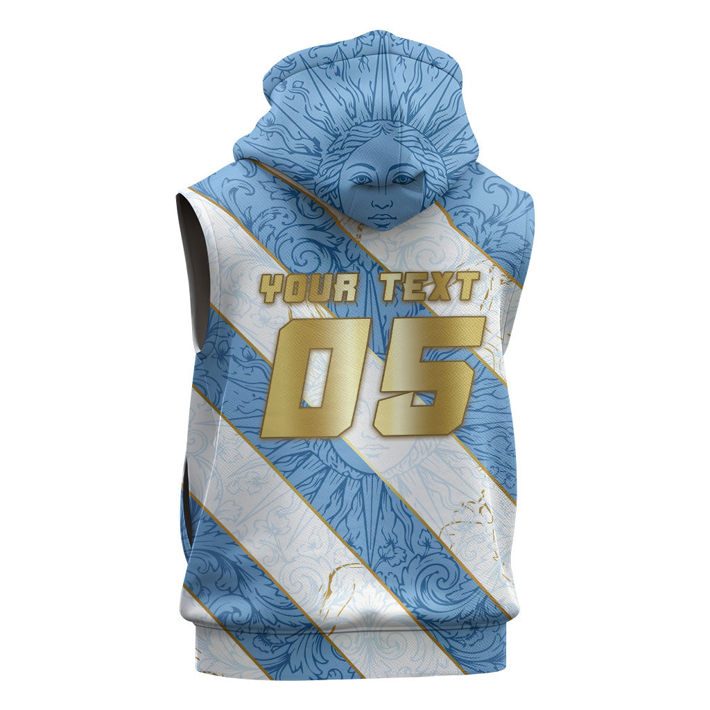 Custom Argentina Football Sleeveless Hoodie Sun Of May Baroque Filigree Gold Striped Patterns