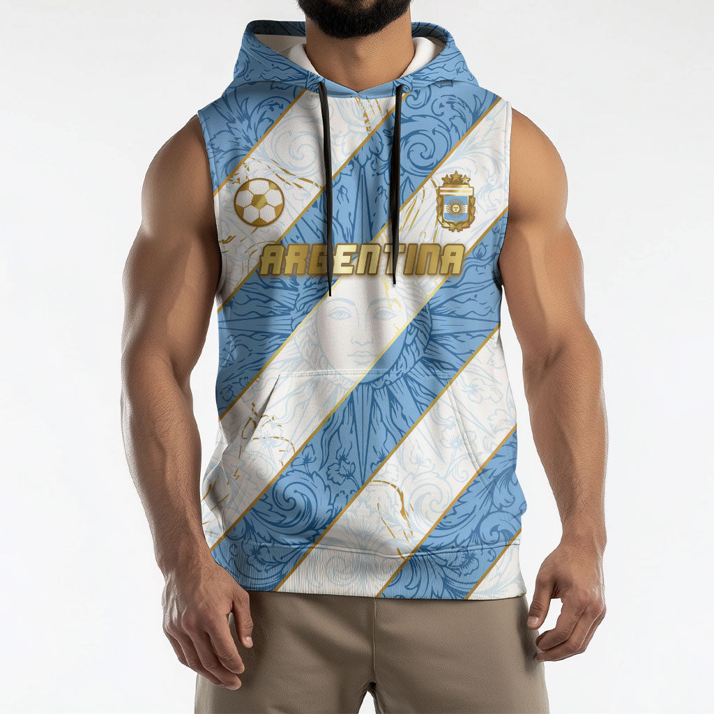 Custom Argentina Football Sleeveless Hoodie Sun Of May Baroque Filigree Gold Striped Patterns
