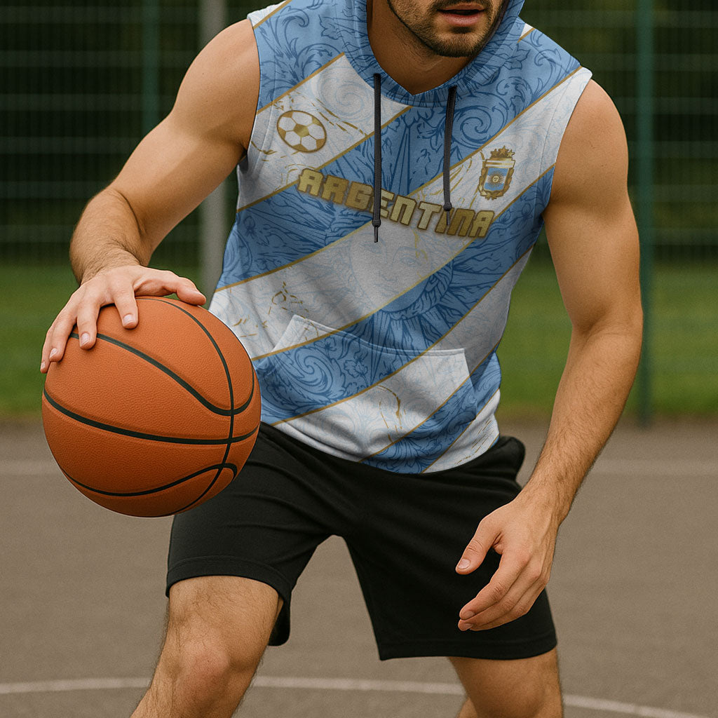 Custom Argentina Football Sleeveless Hoodie Sun Of May Baroque Filigree Gold Striped Patterns