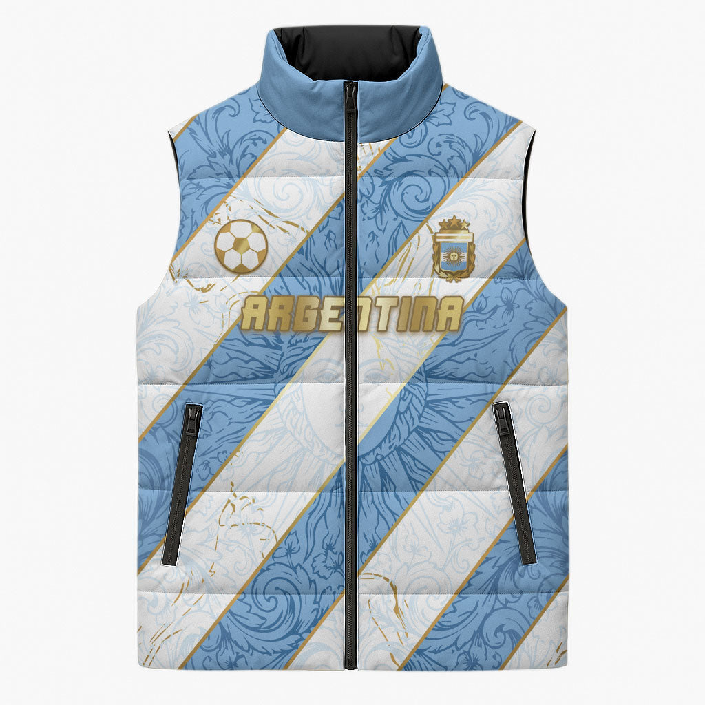 Custom Argentina Football Sleeveless Puffer Jacket Sun Of May Baroque Filigree Gold Striped Patterns