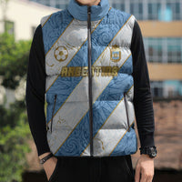 Custom Argentina Football Sleeveless Puffer Jacket Sun Of May Baroque Filigree Gold Striped Patterns