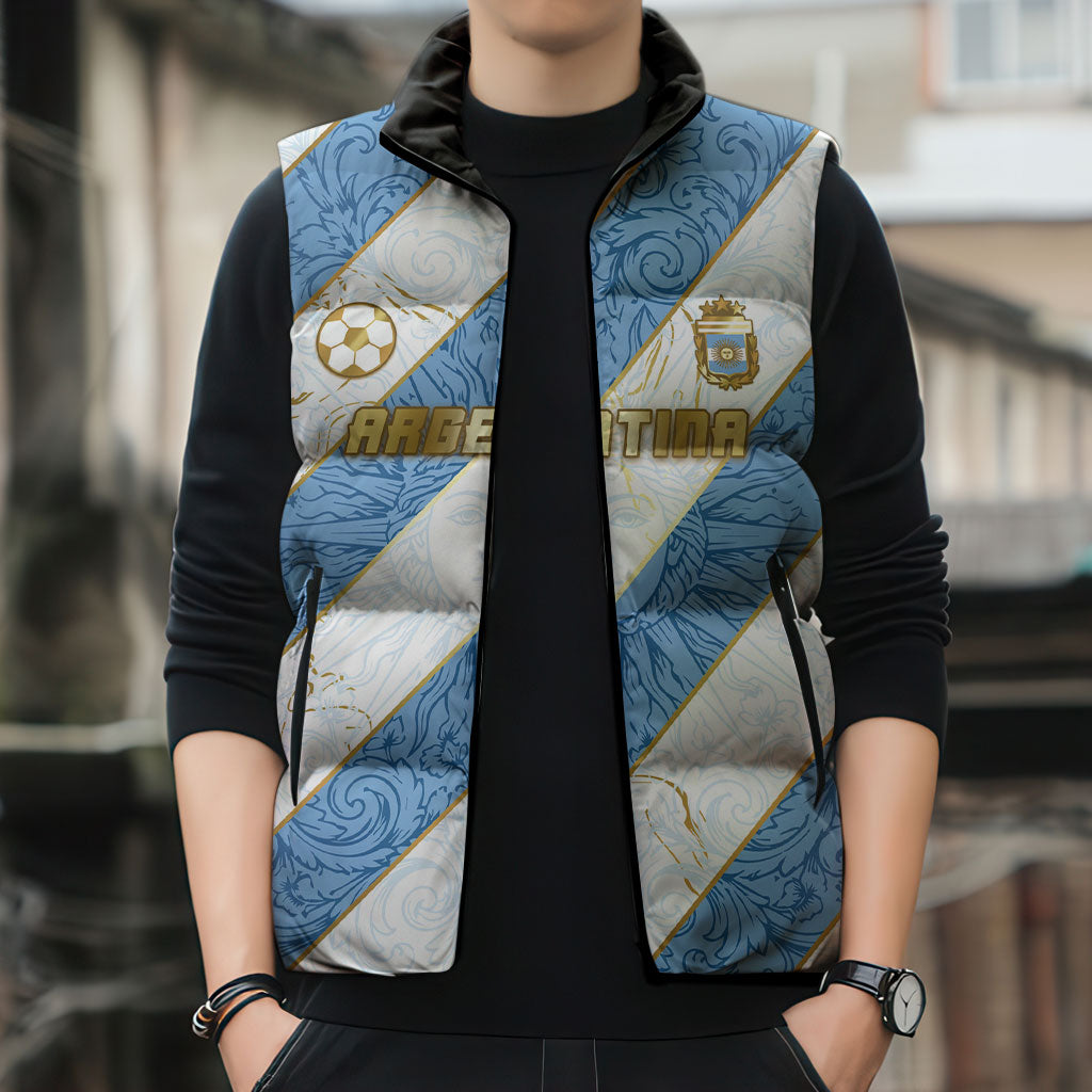 Custom Argentina Football Sleeveless Puffer Jacket Sun Of May Baroque Filigree Gold Striped Patterns