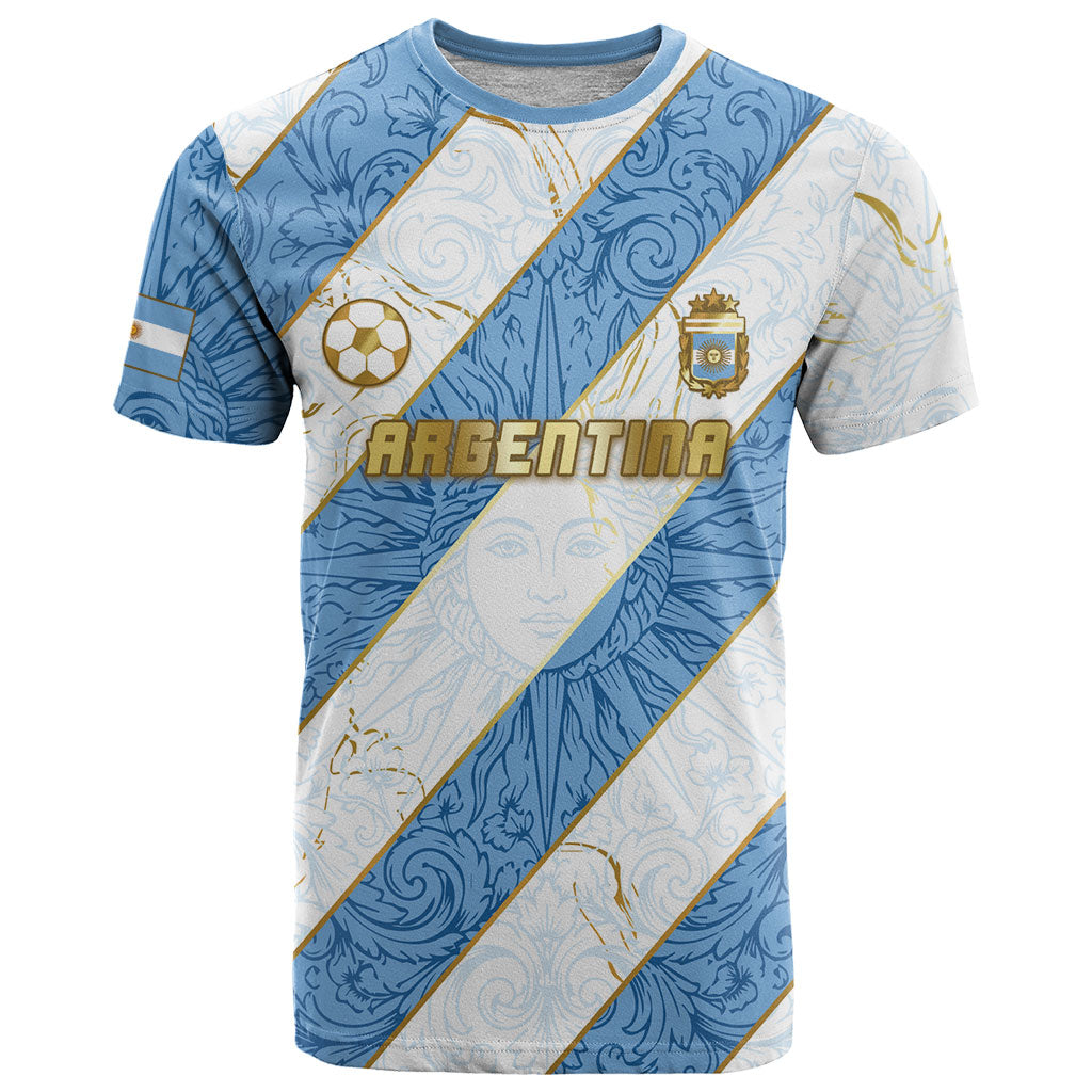 Custom Argentina Football T Shirt Sun Of May Baroque Filigree Gold Striped Patterns
