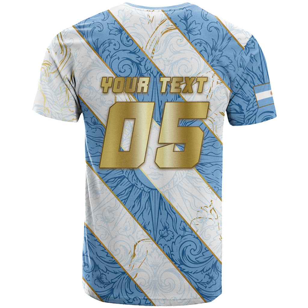 Custom Argentina Football T Shirt Sun Of May Baroque Filigree Gold Striped Patterns