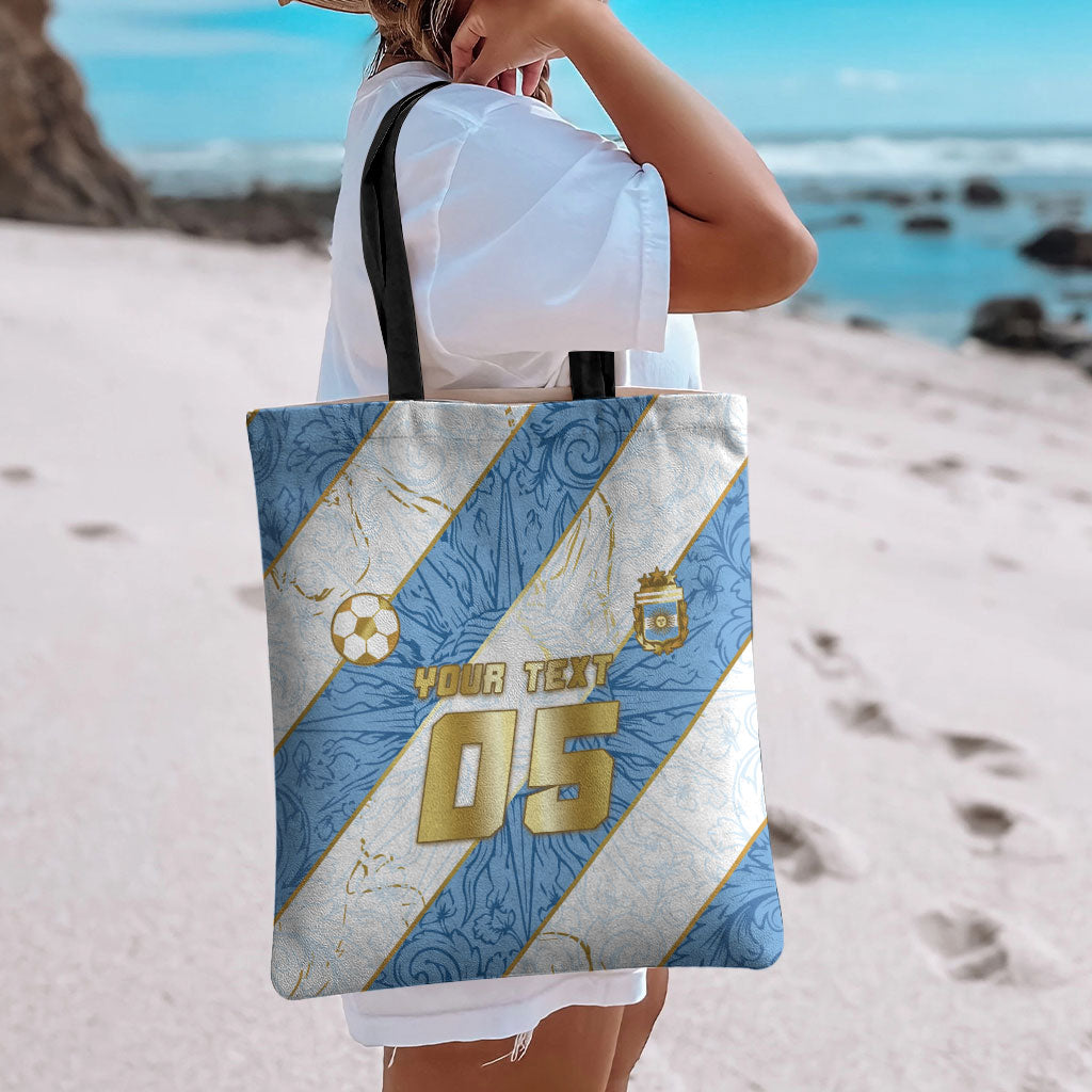Custom Argentina Football Tote Bag Sun Of May Baroque Filigree Gold Striped Patterns