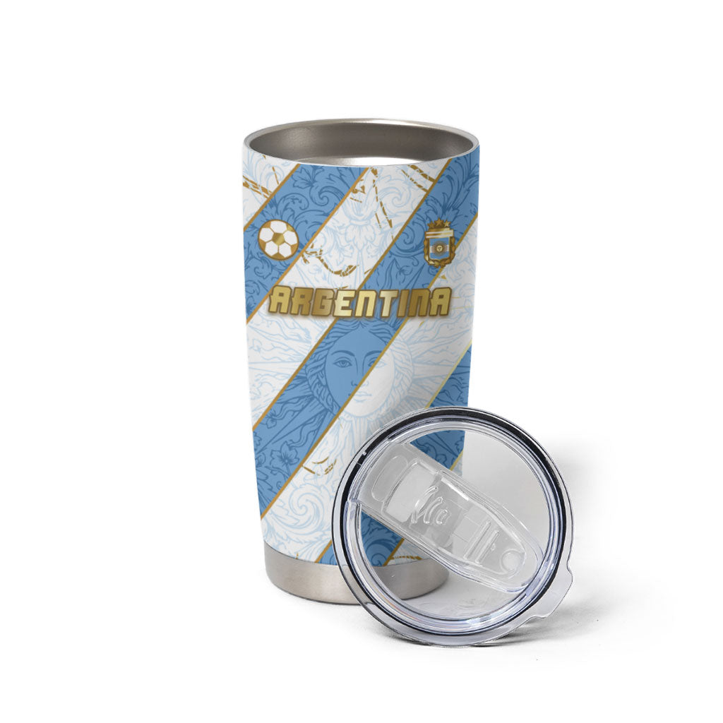 Custom Argentina Football Tumbler Cup Sun Of May Baroque Filigree Gold Striped Patterns