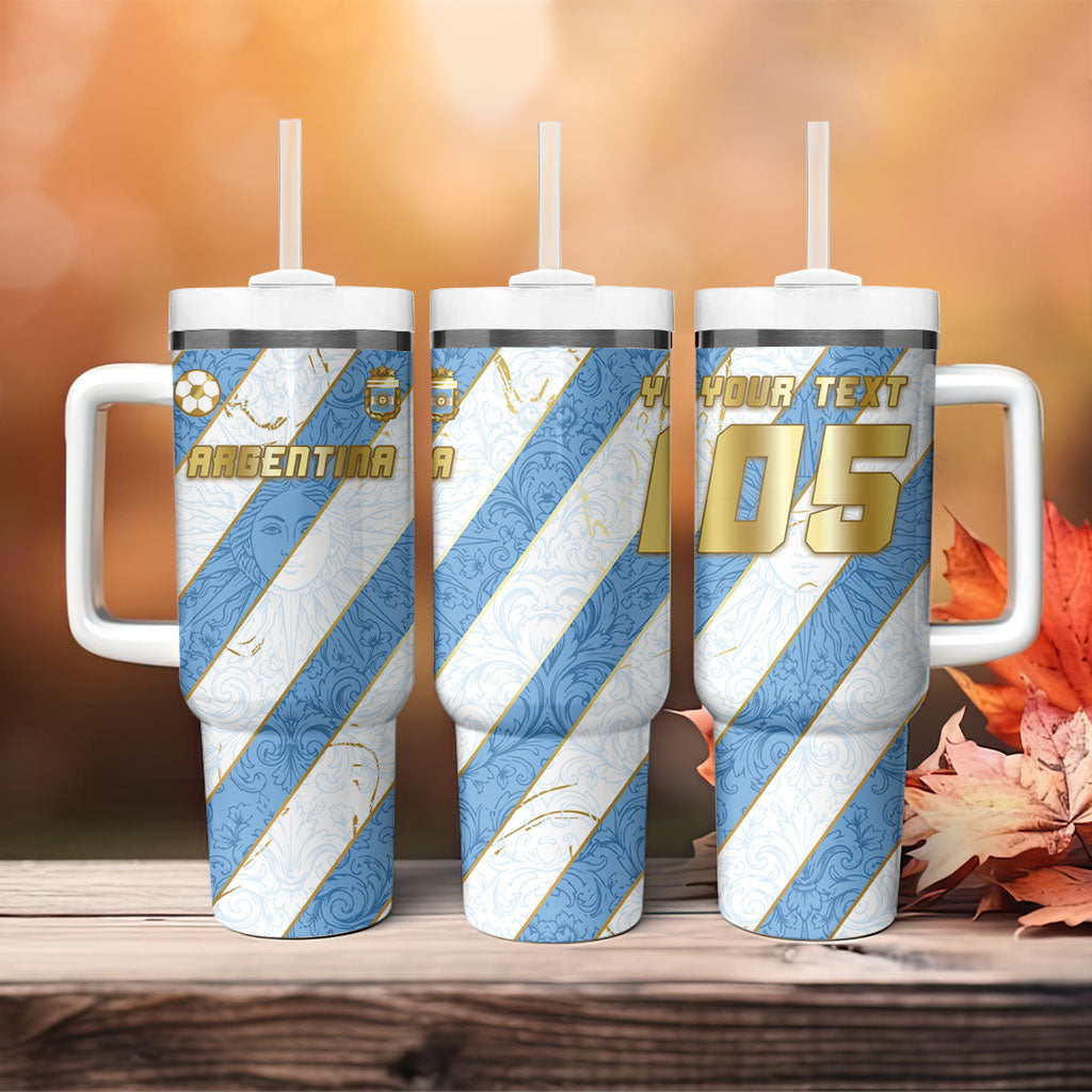 Custom Argentina Football Tumbler With Handle Sun Of May Baroque Filigree Gold Striped Patterns