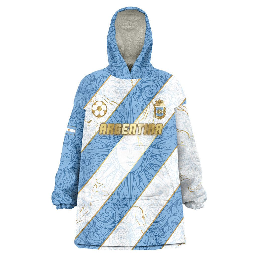 Custom Argentina Football Wearable Blanket Hoodie Sun Of May Baroque Filigree Gold Striped Patterns