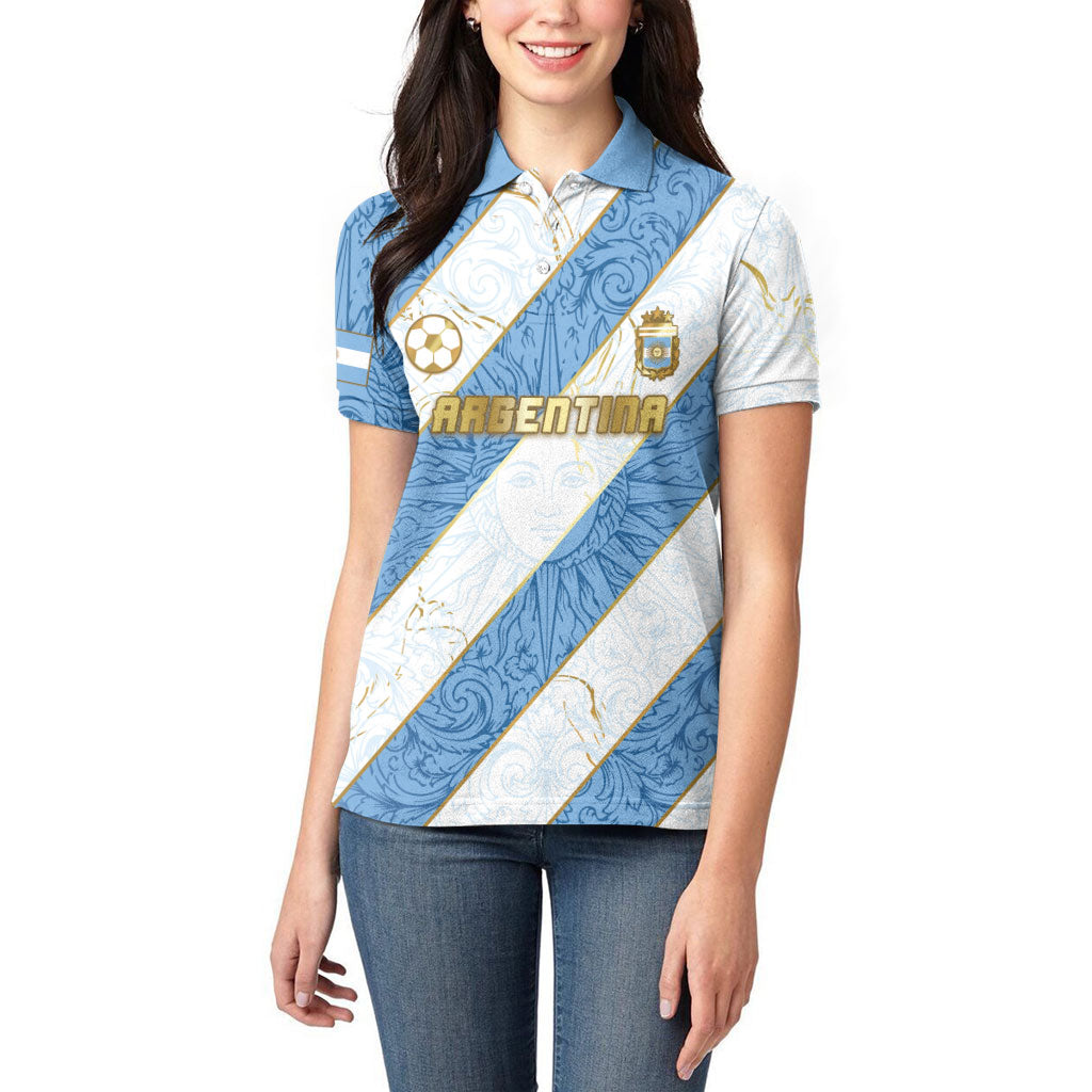 Custom Argentina Football Women Polo Shirt Sun Of May Baroque Filigree Gold Striped Patterns