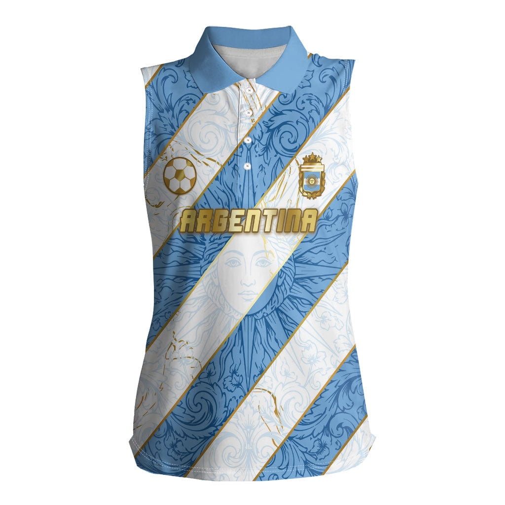 Custom Argentina Football Women Sleeveless Polo Shirt Sun Of May Baroque Filigree Gold Striped Patterns