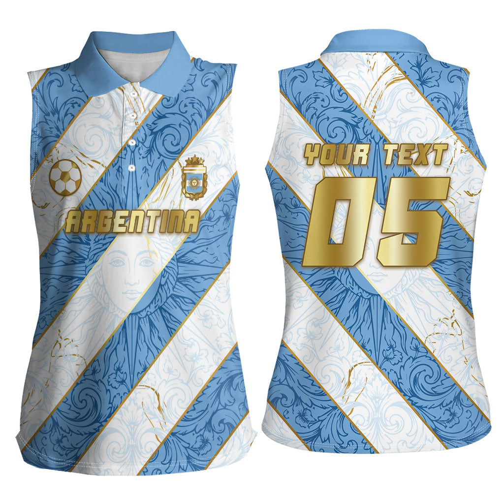 Custom Argentina Football Women Sleeveless Polo Shirt Sun Of May Baroque Filigree Gold Striped Patterns
