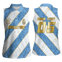 Custom Argentina Football Women Sleeveless Polo Shirt Sun Of May Baroque Filigree Gold Striped Patterns