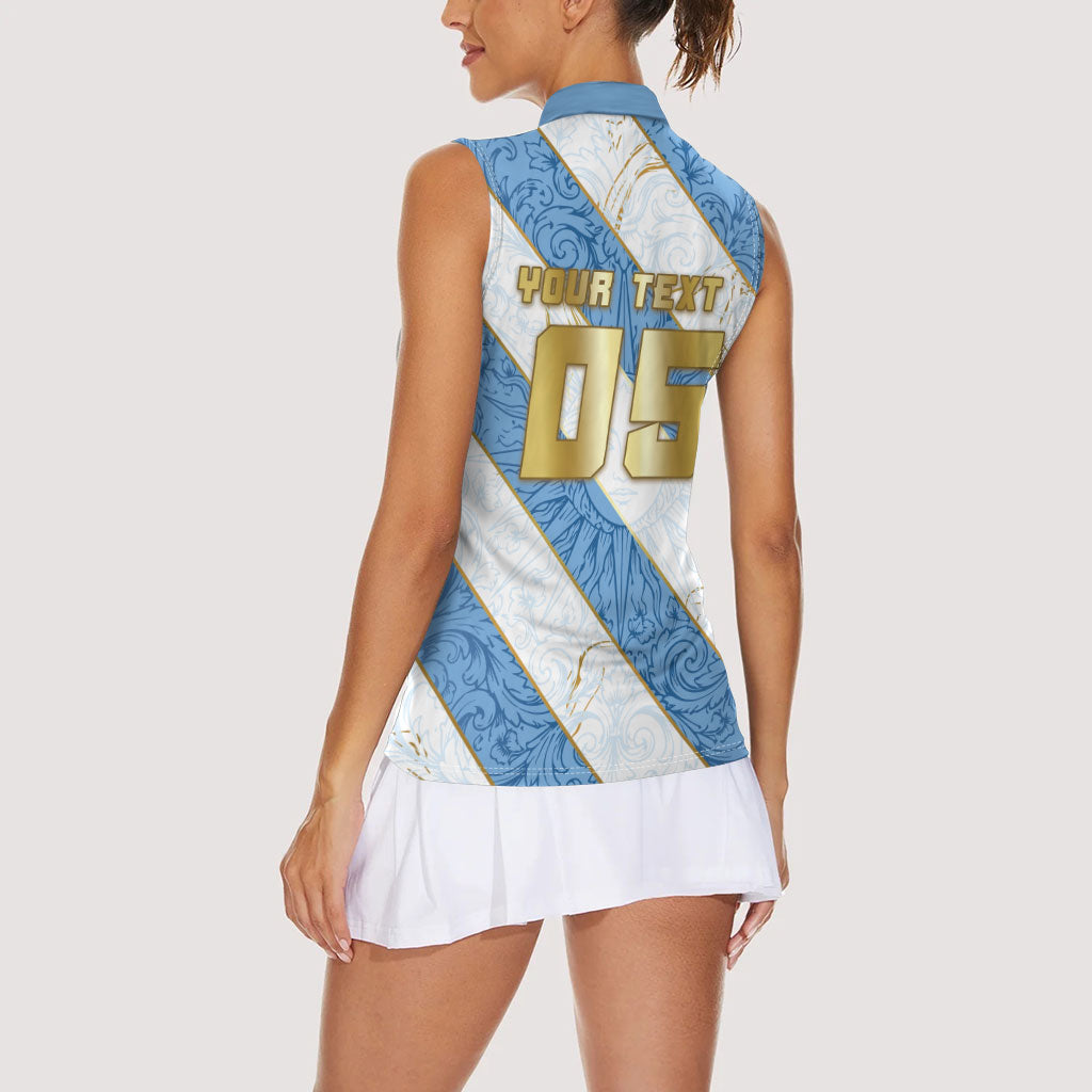 Custom Argentina Football Women Sleeveless Polo Shirt Sun Of May Baroque Filigree Gold Striped Patterns
