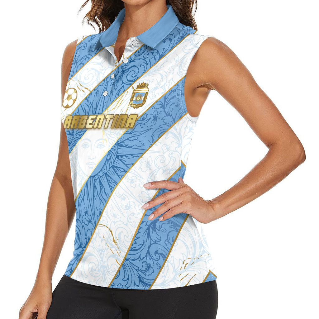 Custom Argentina Football Women Sleeveless Polo Shirt Sun Of May Baroque Filigree Gold Striped Patterns