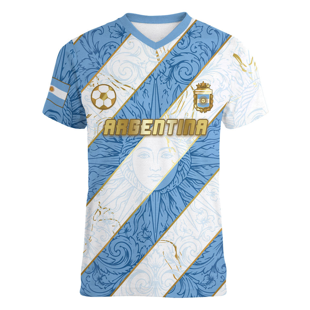 Custom Argentina Football Women V-Neck T-Shirt Sun Of May Baroque Filigree Gold Striped Patterns