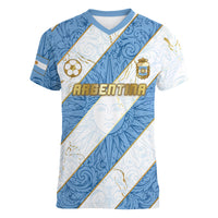 Custom Argentina Football Women V-Neck T-Shirt Sun Of May Baroque Filigree Gold Striped Patterns