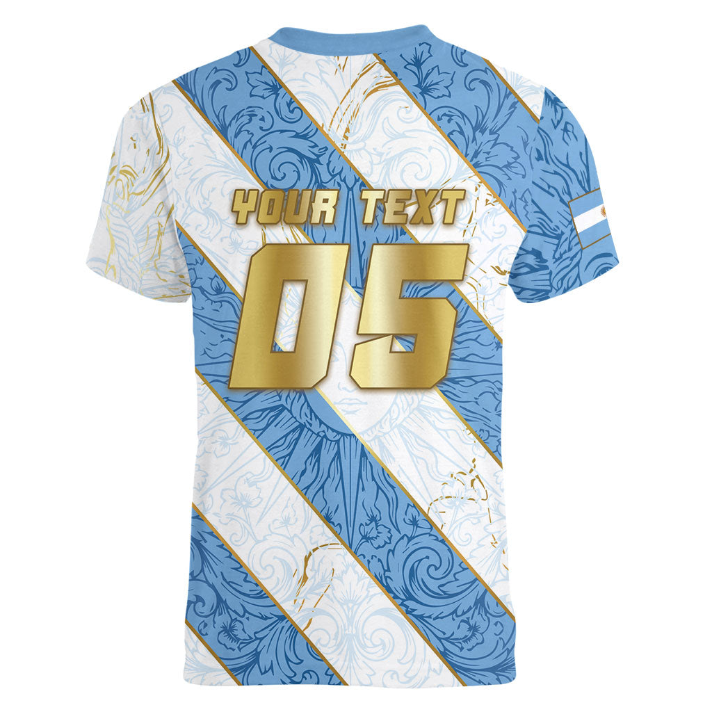 Custom Argentina Football Women V-Neck T-Shirt Sun Of May Baroque Filigree Gold Striped Patterns