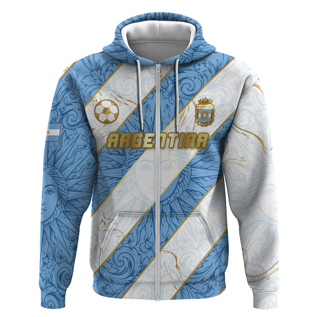 Custom Argentina Football Zip Hoodie Sun Of May Baroque Filigree Gold Striped Patterns