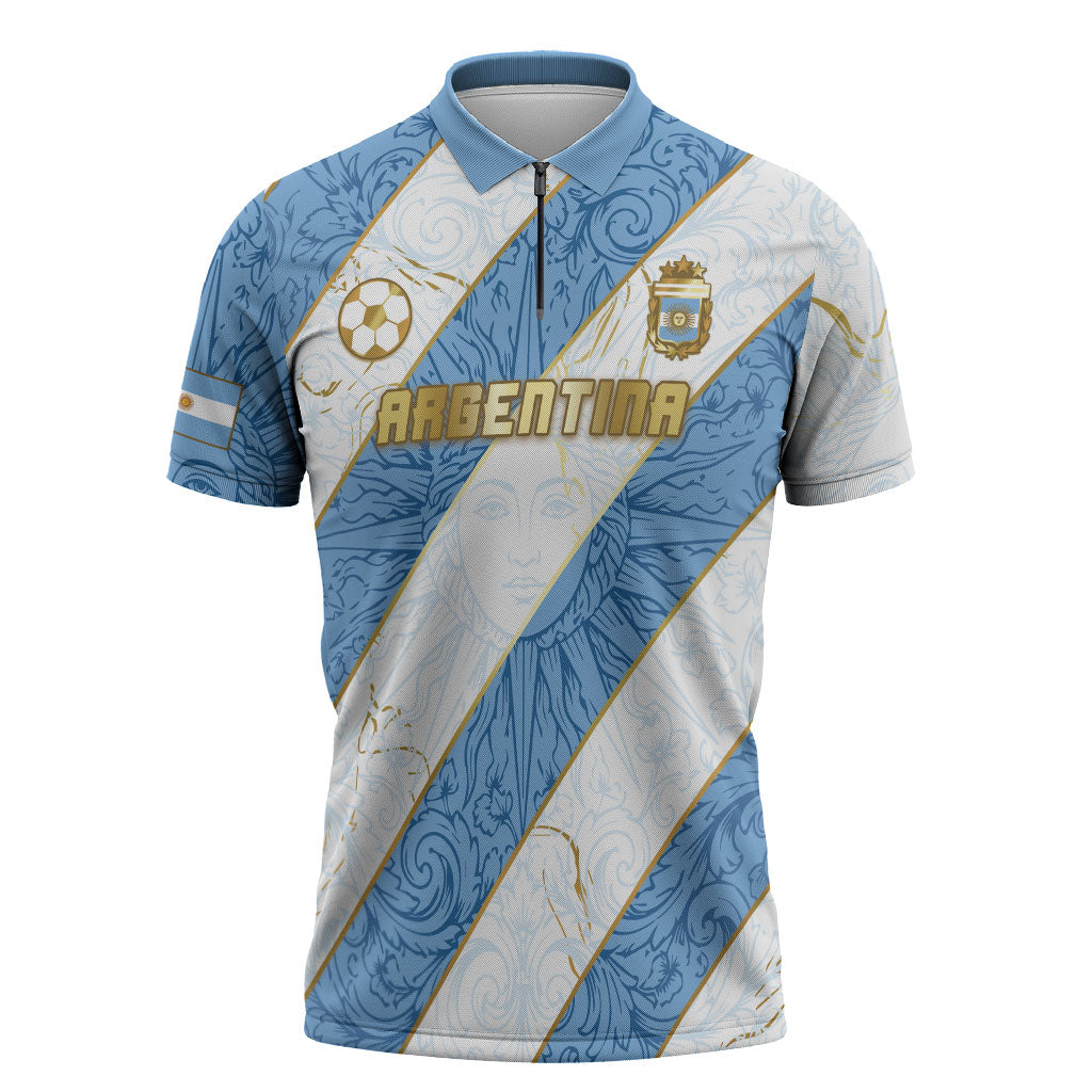 Custom Argentina Football Zipper Polo Shirt Sun Of May Baroque Filigree Gold Striped Patterns