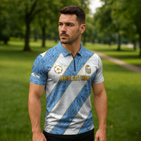 Custom Argentina Football Zipper Polo Shirt Sun Of May Baroque Filigree Gold Striped Patterns