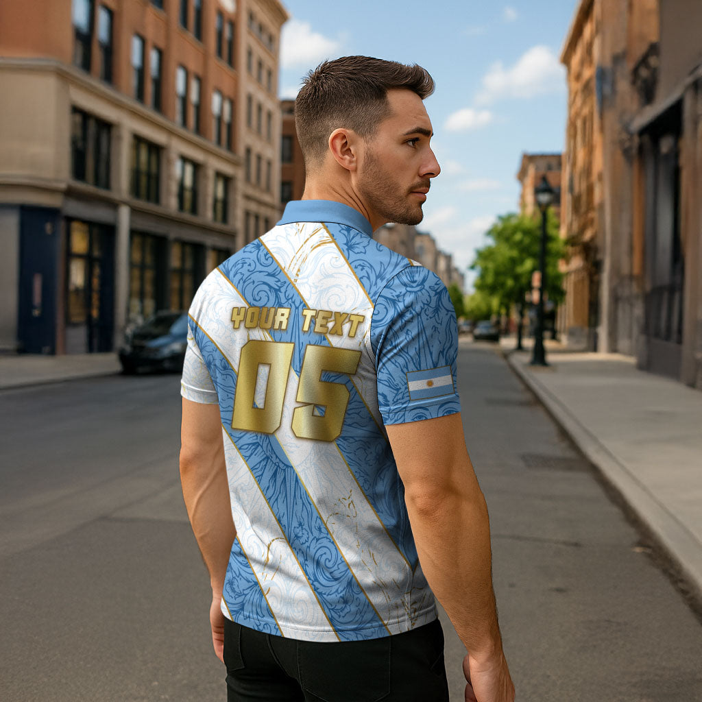 Custom Argentina Football Zipper Polo Shirt Sun Of May Baroque Filigree Gold Striped Patterns