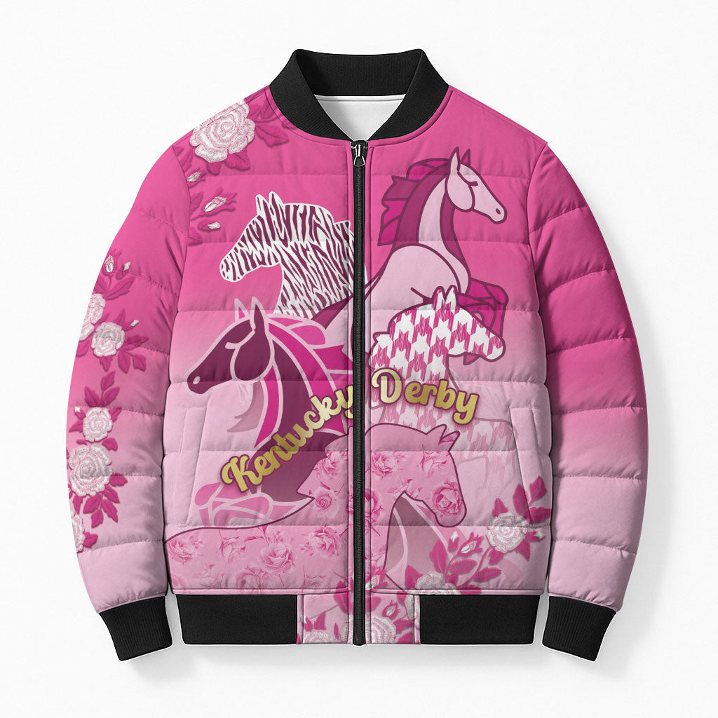 Personalized Kentucky Horse Bomber Puffer Jacket Roses Equestrian Pattern Houndstooth Floral