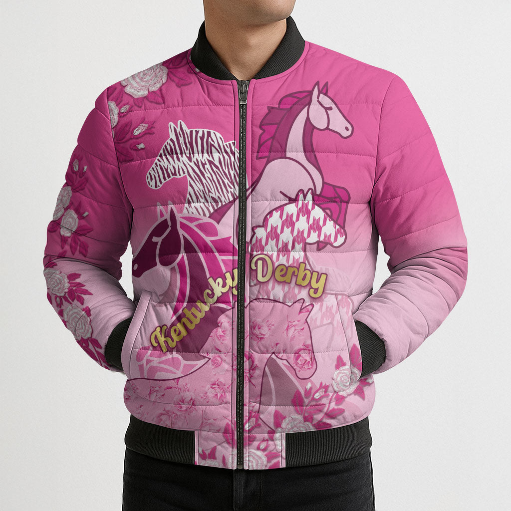 Personalized Kentucky Horse Bomber Puffer Jacket Roses Equestrian Pattern Houndstooth Floral