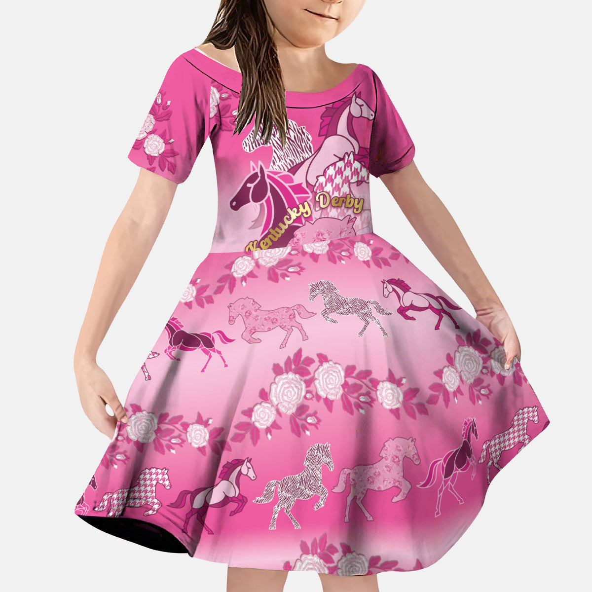 Personalized Kentucky Horse Kid Short Sleeve Dress Roses Equestrian Pattern Houndstooth Floral