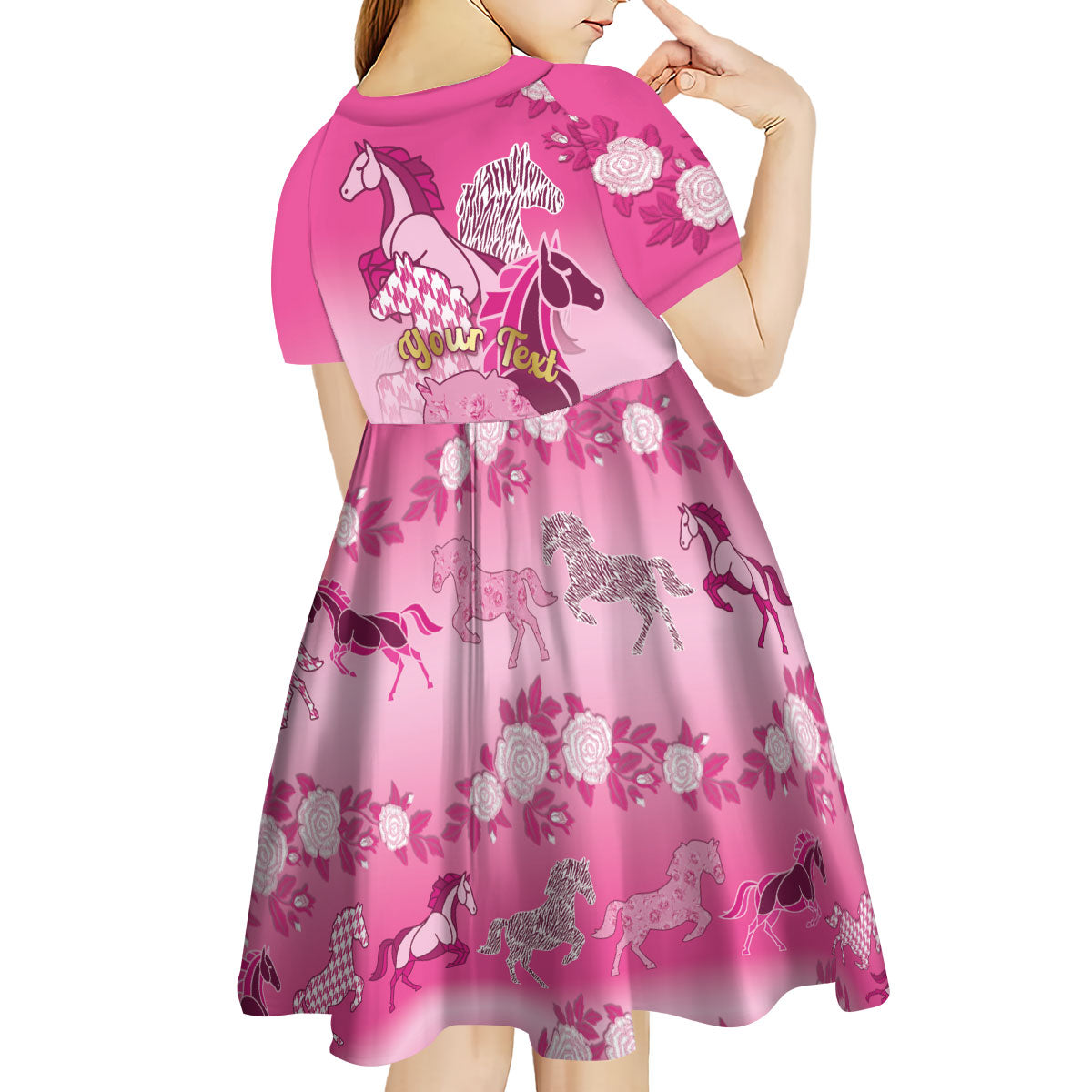 Personalized Kentucky Horse Kid Short Sleeve Dress Roses Equestrian Pattern Houndstooth Floral