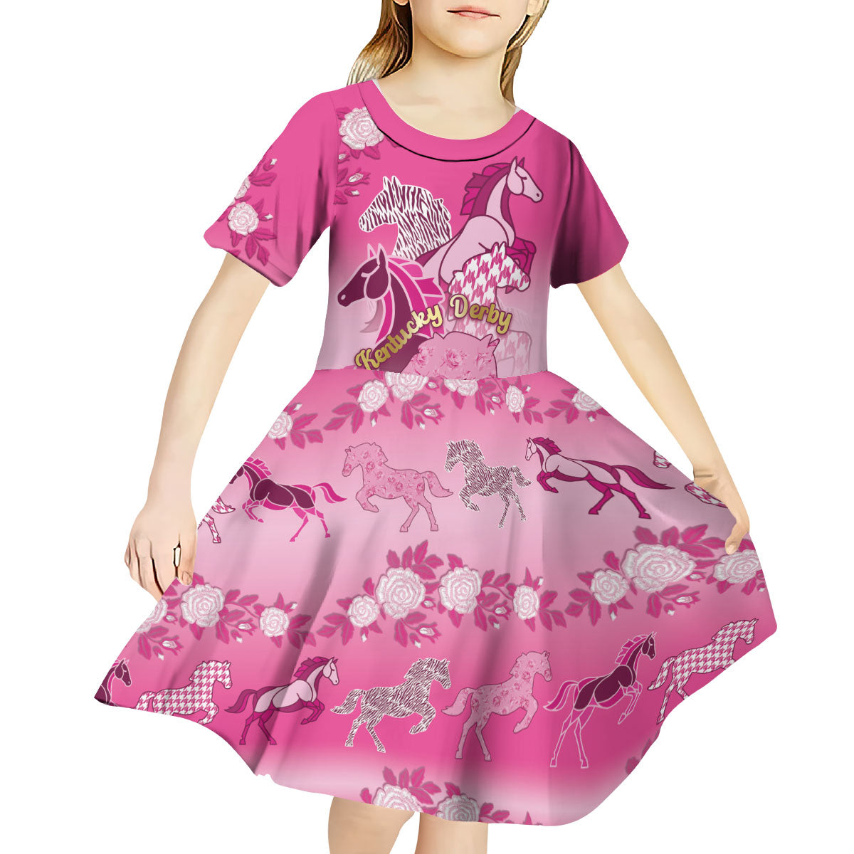 Personalized Kentucky Horse Kid Short Sleeve Dress Roses Equestrian Pattern Houndstooth Floral