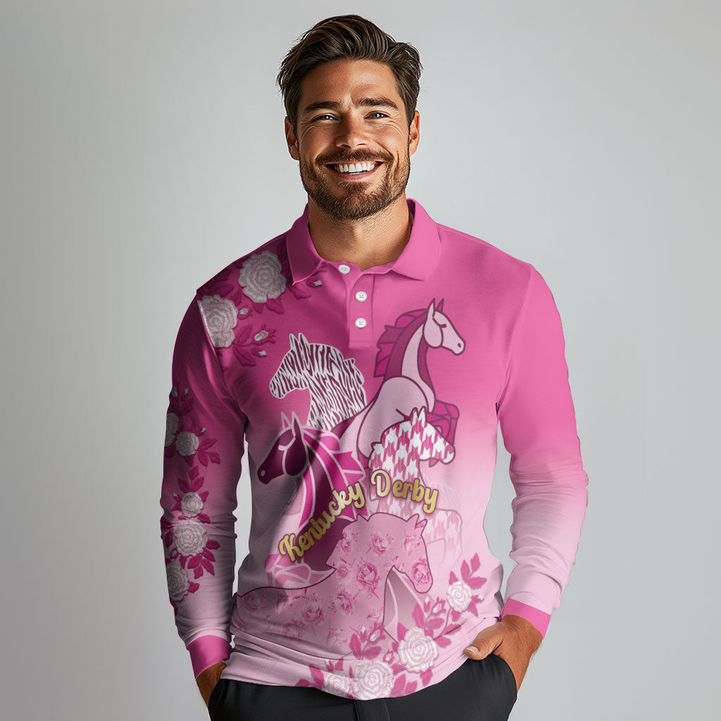 Personalized Kentucky Horse Long Sleeve Polo Shirt Roses Equestrian Pattern Houndstooth Floral