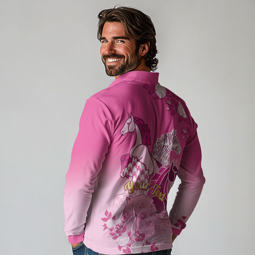 Personalized Kentucky Horse Long Sleeve Polo Shirt Roses Equestrian Pattern Houndstooth Floral