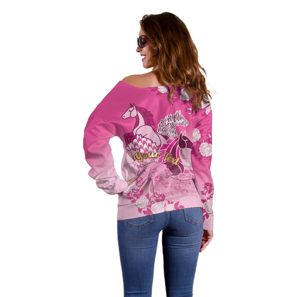 Personalized Kentucky Horse Off Shoulder Sweater Roses Equestrian Pattern Houndstooth Floral