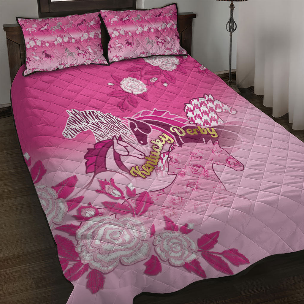 Kentucky Horse Quilt Bed Set Roses Equestrian Pattern Houndstooth Floral