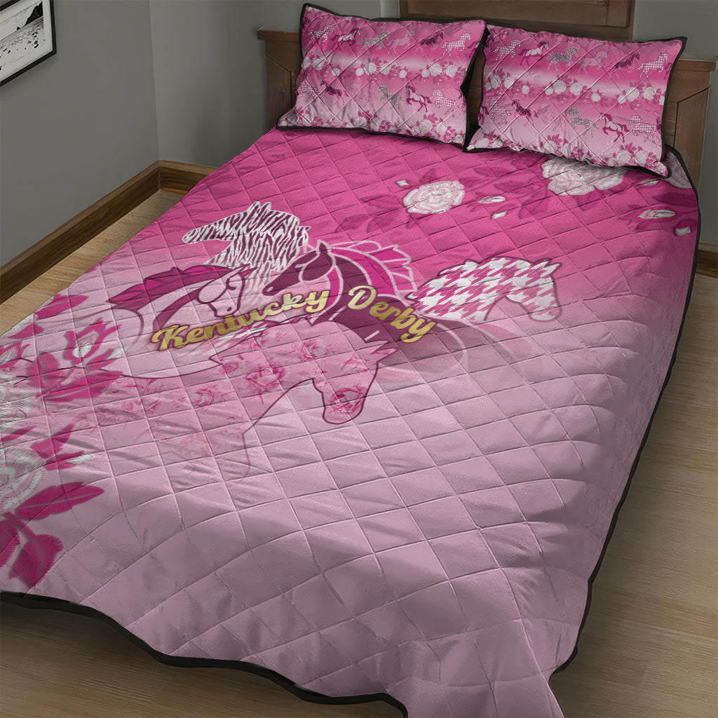 Kentucky Horse Quilt Bed Set Roses Equestrian Pattern Houndstooth Floral